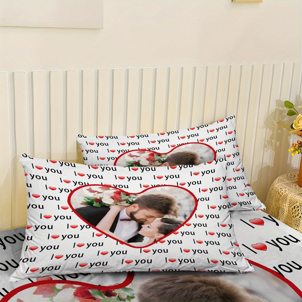 Custom 3pcs I Love You Personalized Printed Bedding Set, Couple Fitted Sheet Set - 1*Fitted Sheet + 2*Pillowcases, Coreless Elegant Design, Soft & Breathable Light Beige-Friendly Bed Linens in Multiple Sizes, Perfect Home Decor with Comfortable Mattress