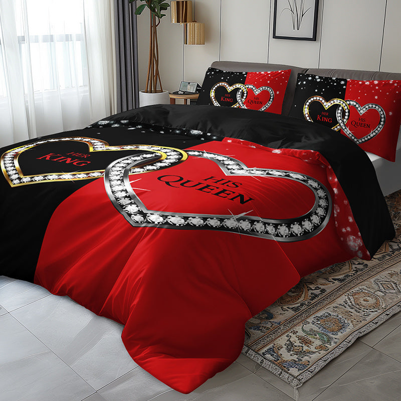 3pcs King Queen Hearts Luxury Bedding Duvet Cover Set Couple Bedding Quilt Set Romantic Themed Bed Quilt Set Anniversary Bedroom Decor Bed Quilt Set Four Seasons (1Duvet Cover + 2Pillowcase NO Comforter)