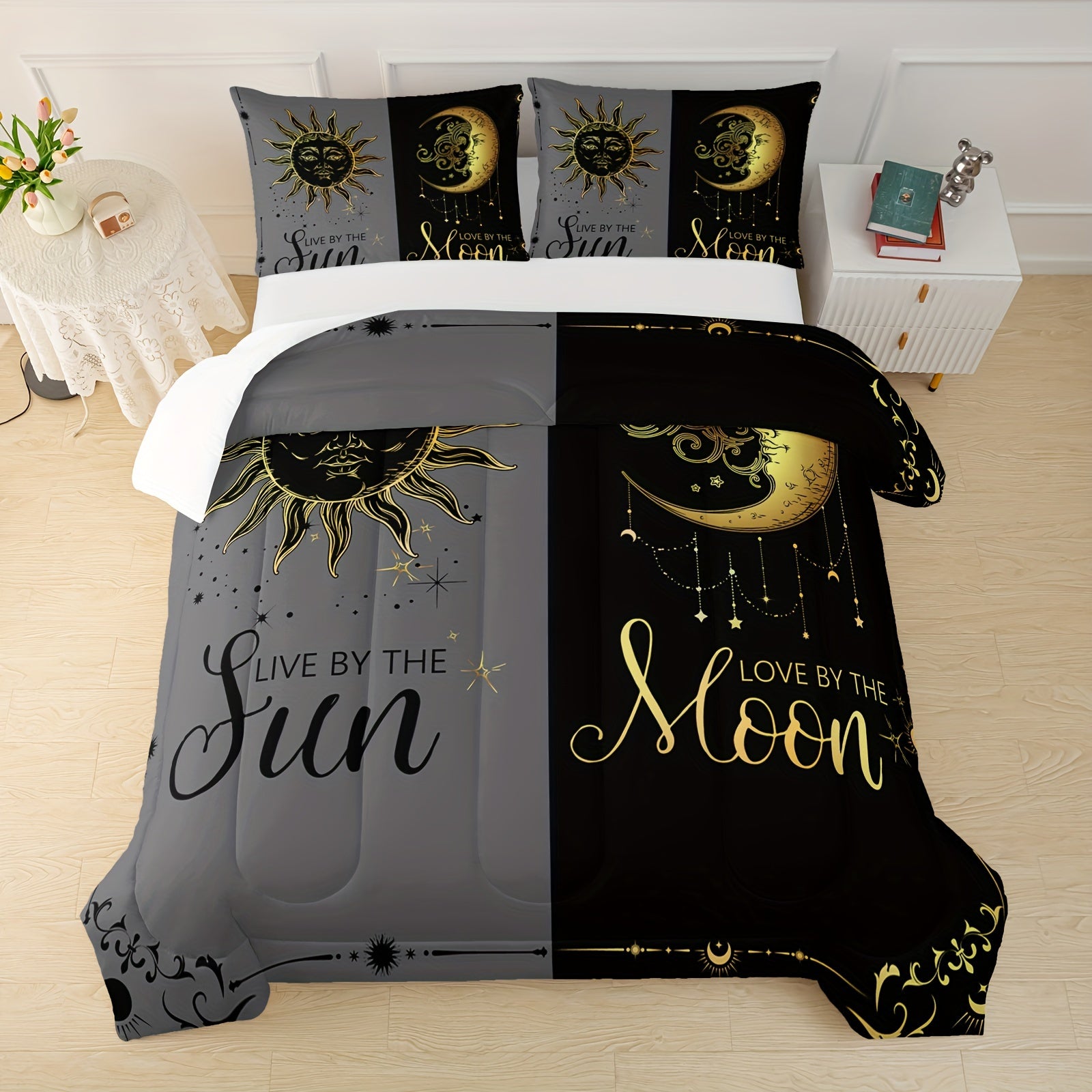 3-pcs Couple Comforter Set, Sun And Moon Themed Printed Bedding, Creative Design Queen And King Comforter Set For Adults Elegant And Comfortable Down Comforter Set (1*Comforter + 2*Pillowcase, Without Core)