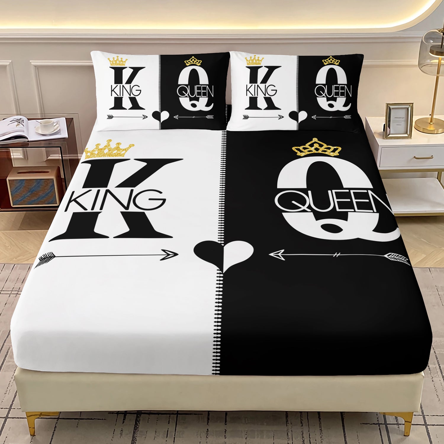 3pcs King Queen Couple Bedding Fitted Sheets Set Black White Printed Bed Sheet Set for BedroomDormitory and Guest Room DecorationKing and Queen Crown Pattern Bedding Set1 Fitted Sheet+2 Pillowcases without core
