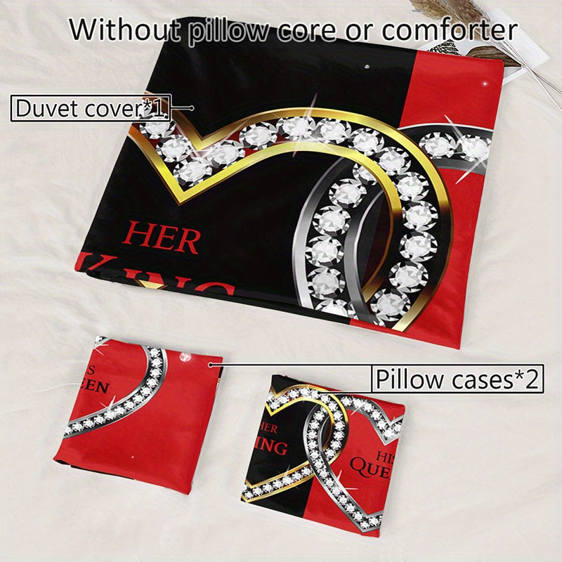 3pcs King Queen Hearts Luxury Bedding Duvet Cover Set Couple Bedding Quilt Set Romantic Themed Bed Quilt Set Anniversary Bedroom Decor Bed Quilt Set Four Seasons (1Duvet Cover + 2Pillowcase NO Comforter)