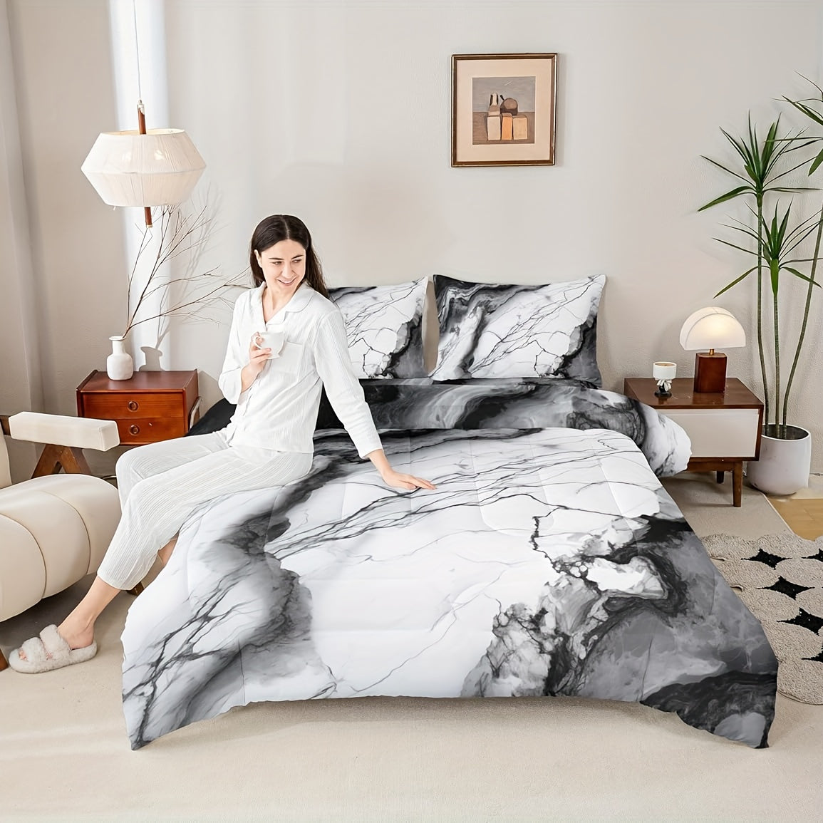 3pcs Marble Print Comforter Set Full/Queen/King Size Marbling Abstract Stone Texture Bedding Set Artwork Chinese Style Comforter Black White Grey for Women Men Adults Living Room Bedroom Decor with 1 Comforter And 2 Pillowcases Ink Wash Painting, Home