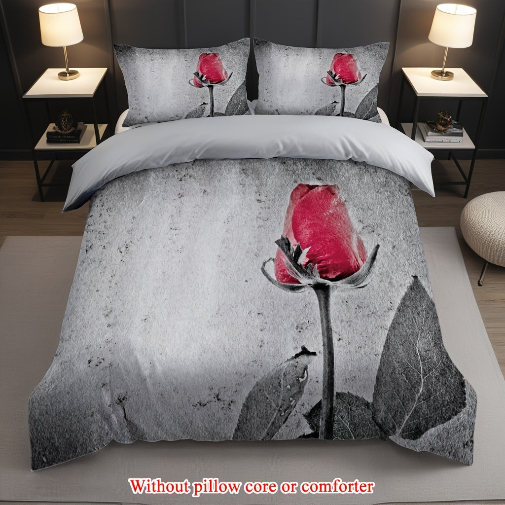 2/3pcs (1 Duvet Cover + 1/2 Pillowcase, Without Core) Retro Grey Background Red Rose Flowers Romantic Love Valentine'S Day Couple Print Soft Comfortable Bedding Set for Bedroom Dorm Room Family Gift