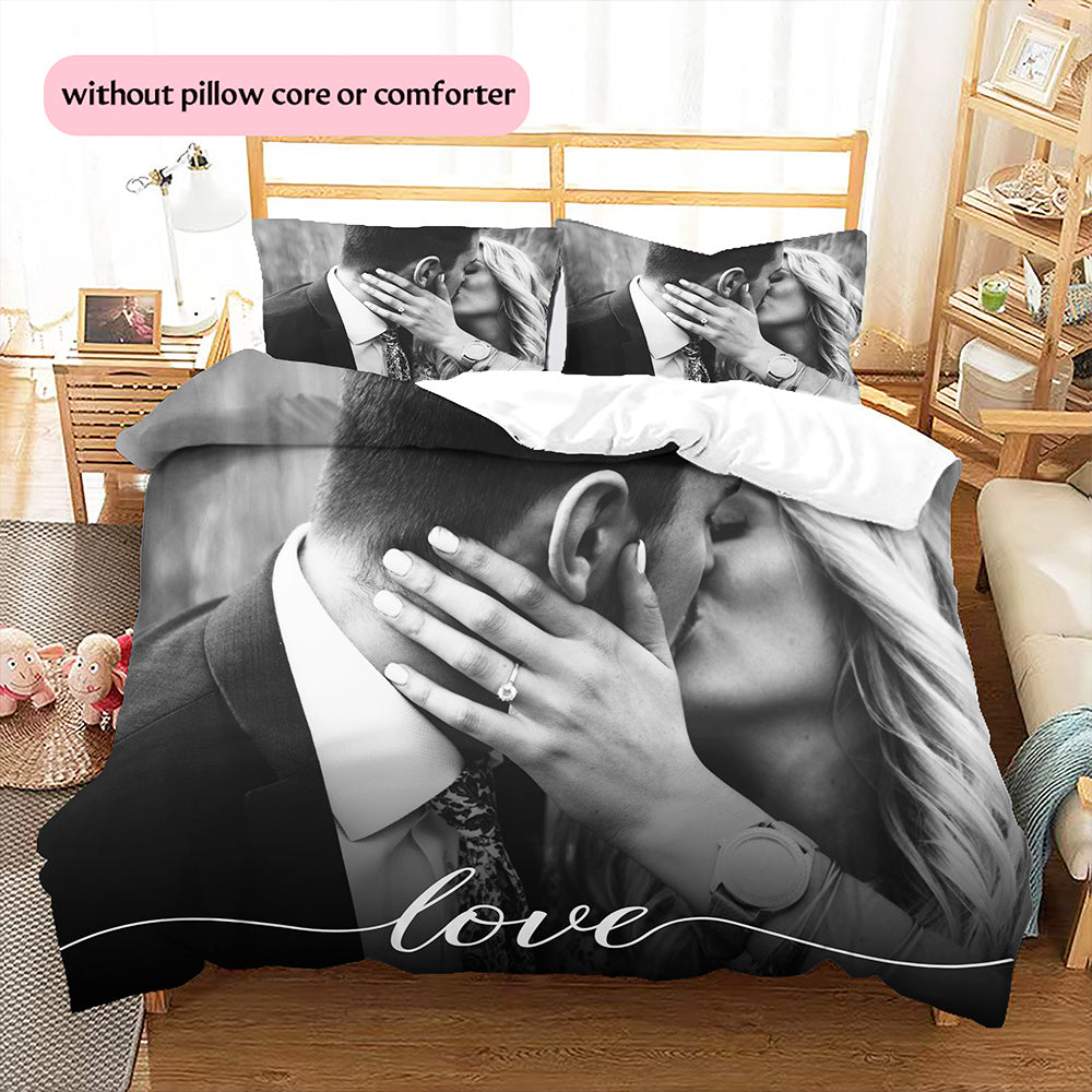 3D Picture Customization Customize Your Personalized Photo Quilt Cover Couple Valentine's Day Wedding Anniversary Quilt Cover Bedding Bedroom Christmas Decoration Christmas Gift (1 * duvet cover+2 * pillowcase, without core) --qiao1