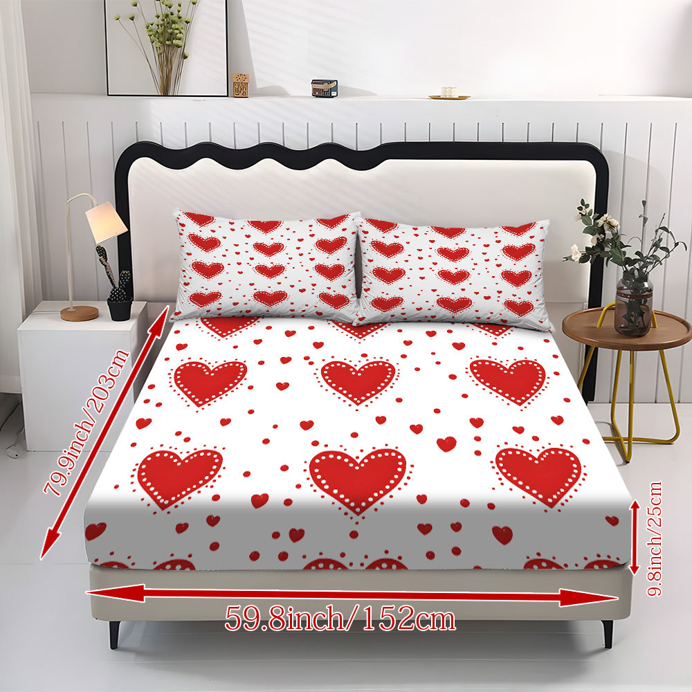 3pcs Valentine'S Day Bedding Set - Red Hearts on White Fitted Sheet & Pillowcases, Soft Mattress Protector with Deep Pocket (Fits Up to 11.42inch), Machine Washable All-Season Sheets for Couples, Hotels, Dorms - Coreless Design, Dorm Essentials, Romantic