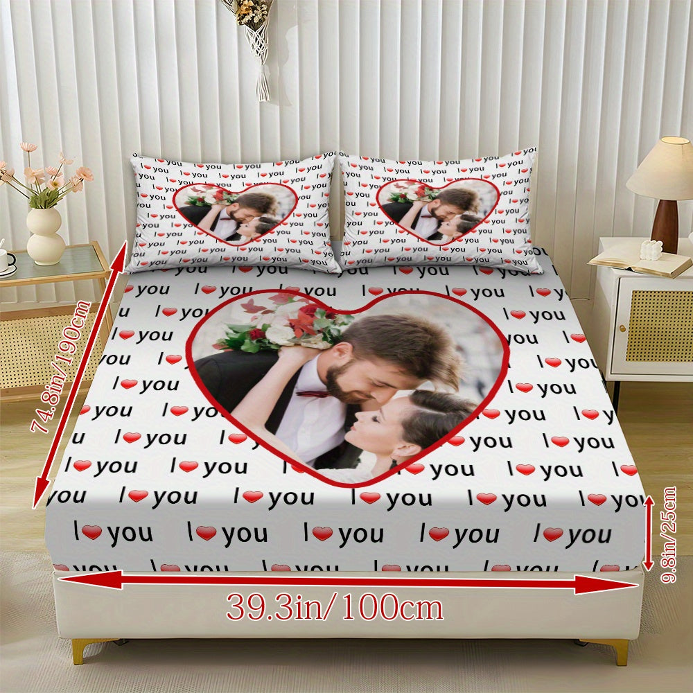 Custom 3pcs I Love You Personalized Printed Bedding Set, Couple Fitted Sheet Set - 1*Fitted Sheet + 2*Pillowcases, Coreless Elegant Design, Soft & Breathable Light Beige-Friendly Bed Linens in Multiple Sizes, Perfect Home Decor with Comfortable Mattress
