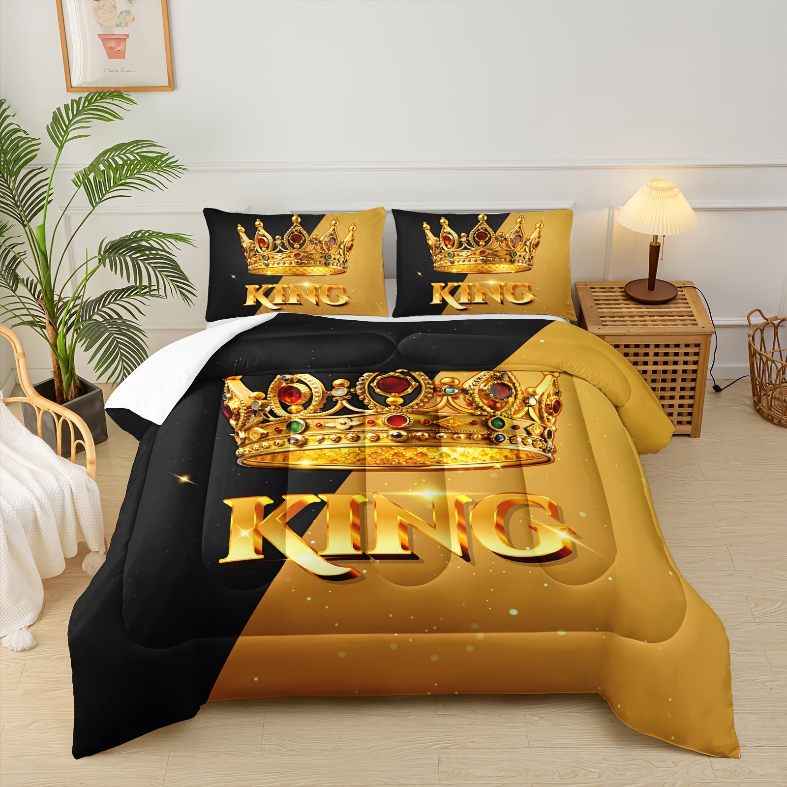 3pcs King Queen Crown Letter Print Quilt Set, Couple'S Quilt Set, Ruby Crown Print Black And Yellow Bedding Set, Valentine'S Day Themed Wedding Room Decor, 1 Quilt+2 Pillowcases (without Pillow Core)