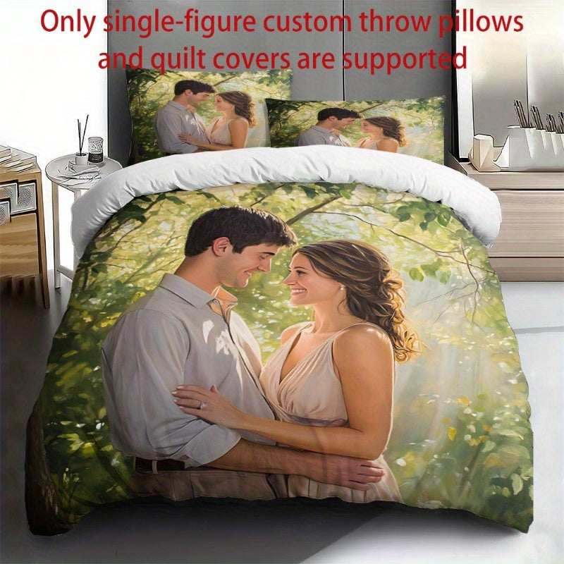 Customize Your Personalized Photos 2/3pcs Set – Exclusive Couple Photo Quilt Cover & Pillowcase Set for All Seasons, Polyester Fabric with Zipper Closure and Single-Sided Printing, Machine Washable – Bedding Set (1x Quilt + 2x Pillows), No Inserts,