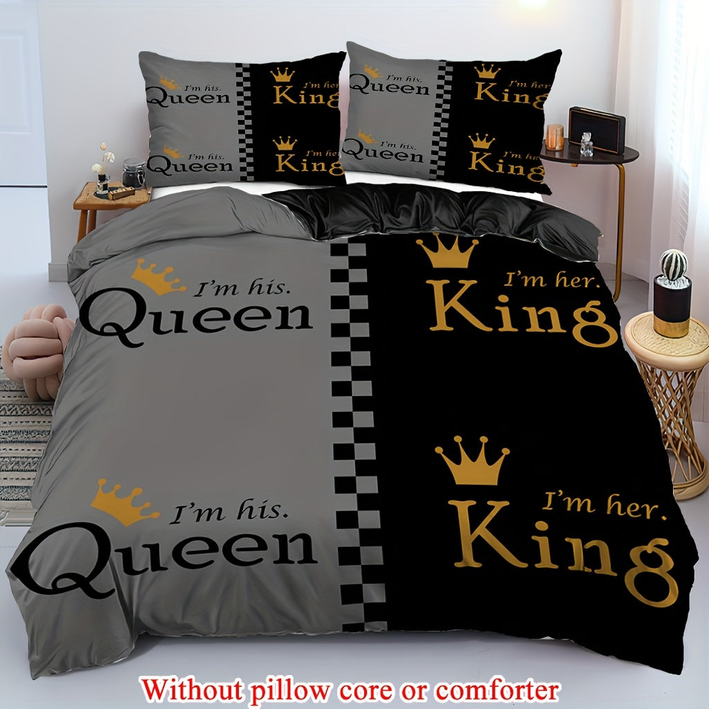 2/3pcs (1 Duvet Cover + 1/2 Pillowcase, Without Core) Couple Grey Black King Queen Crown Geometric Grid Valentine's Day Romantic Love Print Soft Comfortable Bedding Set for Bedroom Dorm Room Family Gift