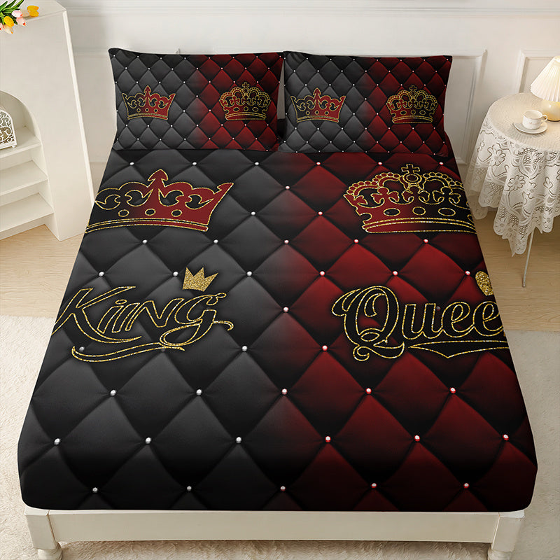 3pcs King Queen Crown Luxury Bedding Fitted Sheet Set Couple Bedding Sheet Set Set Romantic Bed Sheet Set Set King Queen Bedroom Decor Bed Sheet Set Set Four Seasons (1Fitted Sheet+ 2Pillowcase NO Comforter)