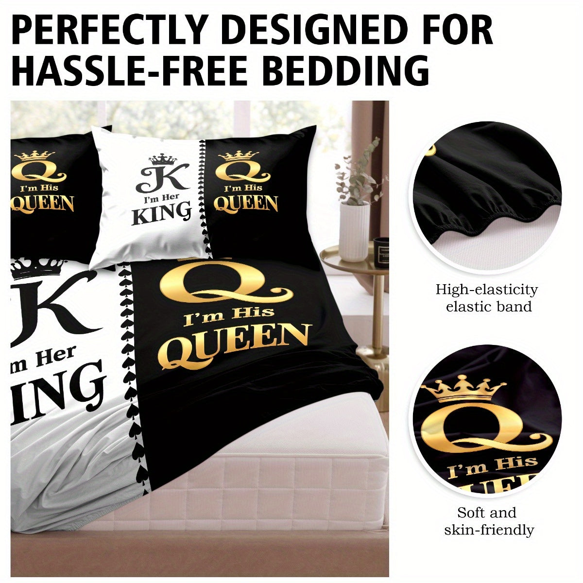 King & Queen Print Bedding Set 3pcs, Soft Cozy Non-Slip Lightweight Fitted Sheet with Elastic Corners And Matching Pillowcases, Fashion-Forwad Decorations for Dorm Bedroom Apartment Hotel, Idea for Christmas Birthday Gifts
