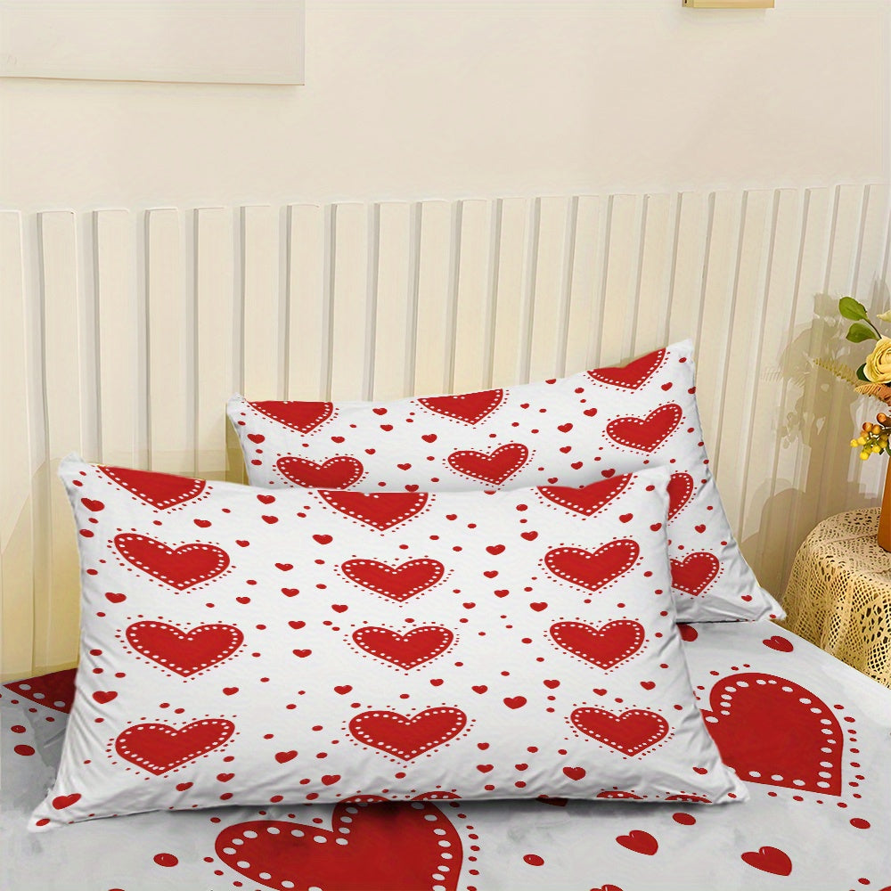 3pcs Valentine'S Day Bedding Set - Red Hearts on White Fitted Sheet & Pillowcases, Soft Mattress Protector with Deep Pocket (Fits Up to 11.42inch), Machine Washable All-Season Sheets for Couples, Hotels, Dorms - Coreless Design, Dorm Essentials, Romantic