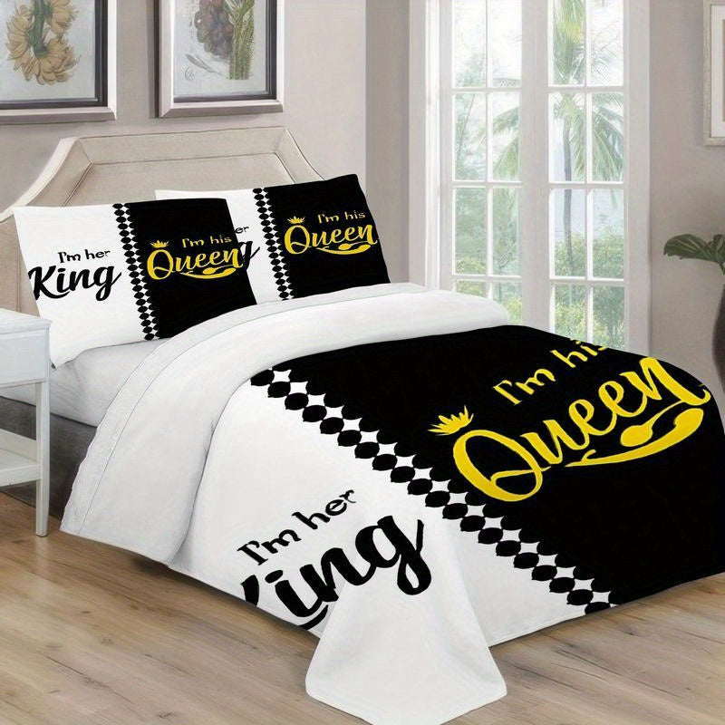 3pcs Couples King Queen Bedding Black White Design Duvet Cover with Pillowcases, His and Her Side Luxury Royal Crown Pattern, Romantic Valentine Gift Bedroom Decor, Soft Microfiber Fabric (1 + 2 Pillowcases)