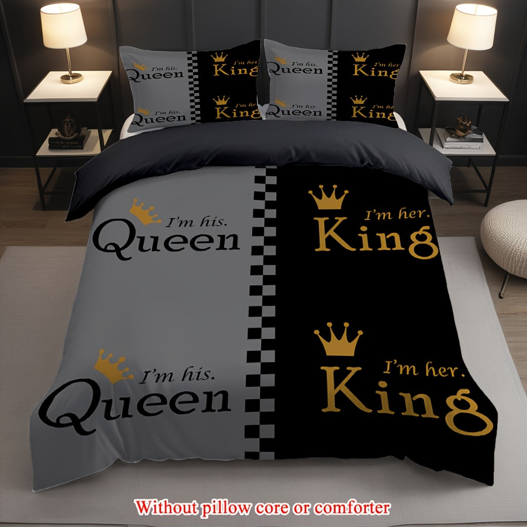 2/3pcs (1 Duvet Cover + 1/2 Pillowcase, Without Core) Couple Grey Black King Queen Crown Geometric Grid Valentine's Day Romantic Love Print Soft Comfortable Bedding Set for Bedroom Dorm Room Family Gift