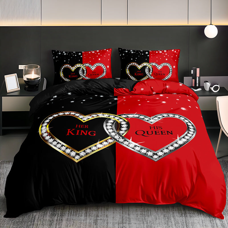 3pcs King Queen Hearts Luxury Bedding Duvet Cover Set Couple Bedding Quilt Set Romantic Themed Bed Quilt Set Anniversary Bedroom Decor Bed Quilt Set Four Seasons (1Duvet Cover + 2Pillowcase NO Comforter)