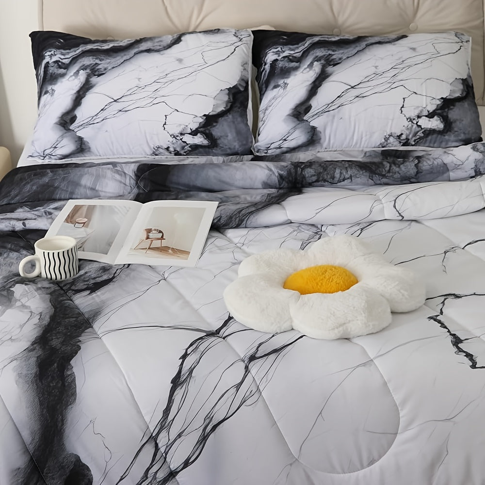 3pcs Marble Print Comforter Set Full/Queen/King Size Marbling Abstract Stone Texture Bedding Set Artwork Chinese Style Comforter Black White Grey for Women Men Adults Living Room Bedroom Decor with 1 Comforter And 2 Pillowcases Ink Wash Painting, Home