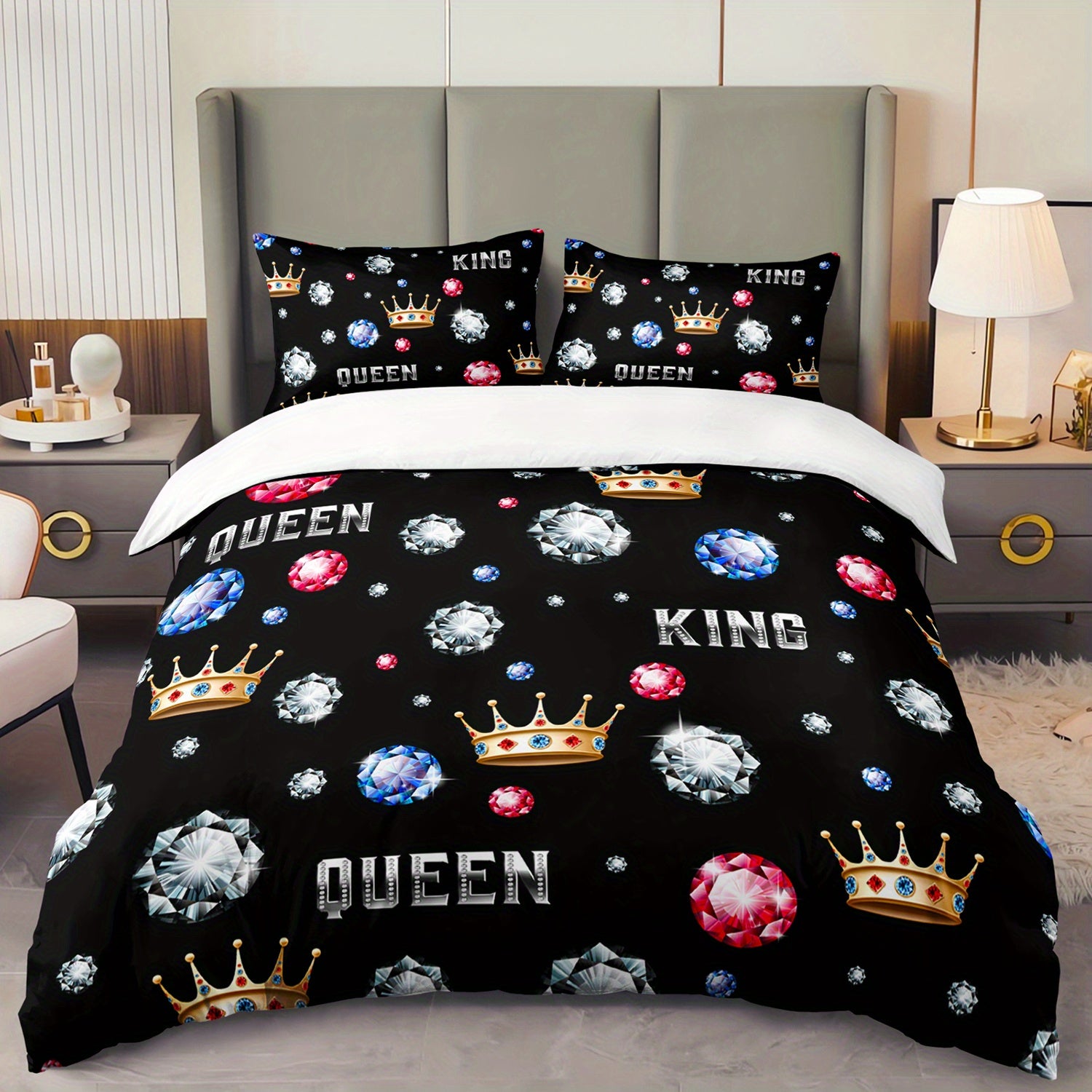 3pcs King Queen Crowns and Diamonds 3D Digital Printed Duvet Cover Set Romantic Couple Bedding Set for Four Season Queen Size Black Bedding for Bedroom or Guest Room Decor Polyester Comforter Cover Gift 1 Quilt Cover+2 Pillowcases