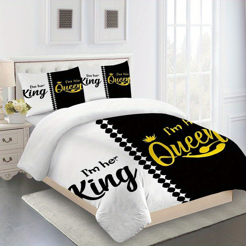 3pcs Couples King Queen Bedding Black White Design Duvet Cover with Pillowcases, His and Her Side Luxury Royal Crown Pattern, Romantic Valentine Gift Bedroom Decor, Soft Microfiber Fabric (1 + 2 Pillowcases)