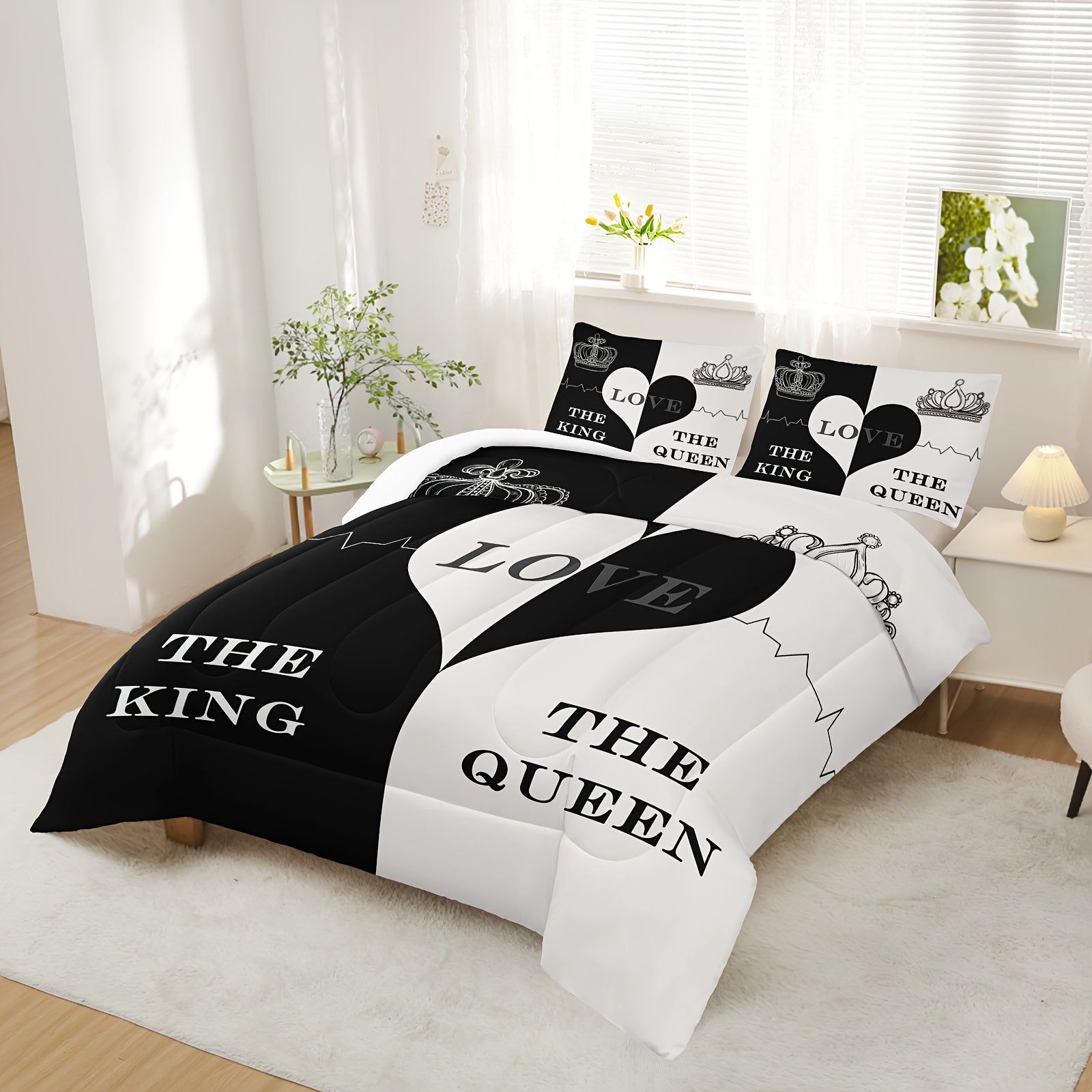 Black And White Love Pattern Comforter Set, Crown Print Bedding Sets, The King And Queen Soft Lightweight Bed Comforter Set Room Decoration, 1 Comforter Set 2 Pillowcases