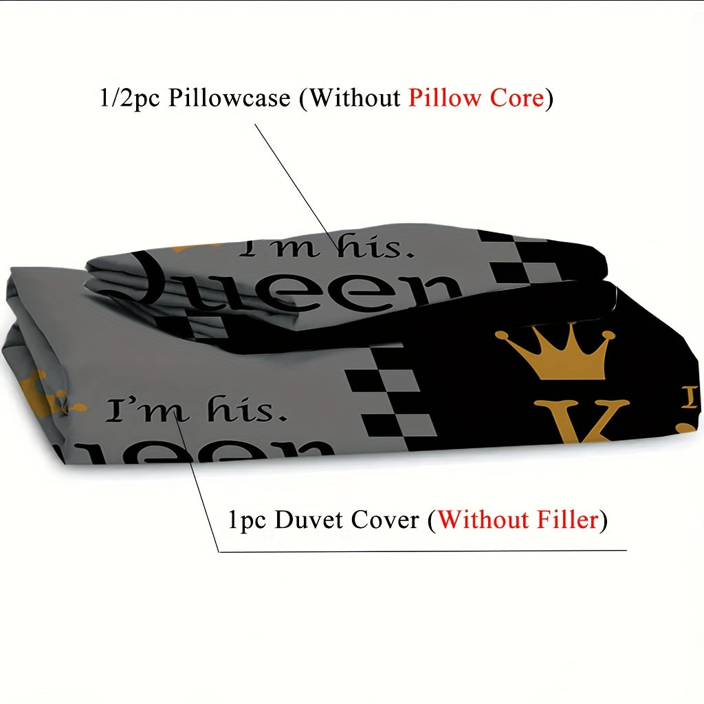 2/3pcs (1 Duvet Cover + 1/2 Pillowcase, Without Core) Couple Grey Black King Queen Crown Geometric Grid Valentine's Day Romantic Love Print Soft Comfortable Bedding Set for Bedroom Dorm Room Family Gift
