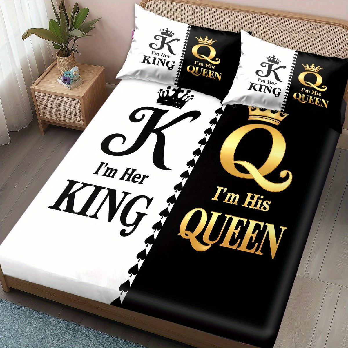 King & Queen Print Bedding Set 3pcs, Soft Cozy Non-Slip Lightweight Fitted Sheet with Elastic Corners And Matching Pillowcases, Fashion-Forwad Decorations for Dorm Bedroom Apartment Hotel, Idea for Christmas Birthday Gifts