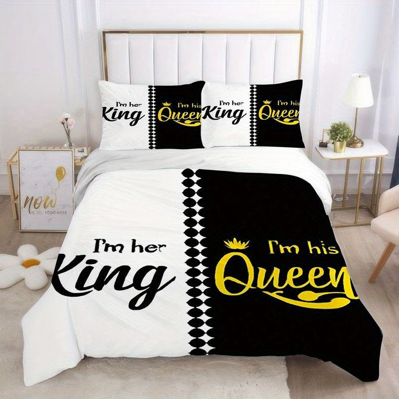 3pcs Couples King Queen Bedding Black White Design Duvet Cover with Pillowcases, His and Her Side Luxury Royal Crown Pattern, Romantic Valentine Gift Bedroom Decor, Soft Microfiber Fabric (1 + 2 Pillowcases)
