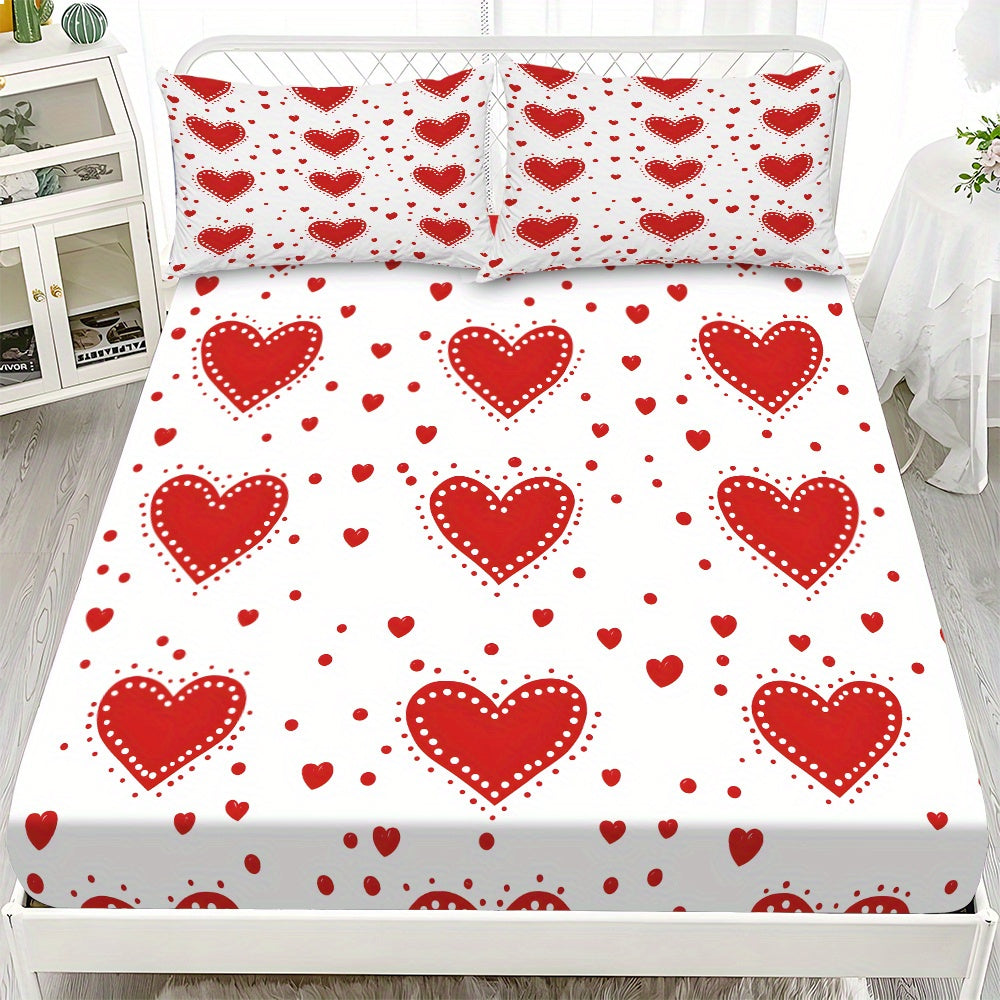 3pcs Valentine'S Day Bedding Set - Red Hearts on White Fitted Sheet & Pillowcases, Soft Mattress Protector with Deep Pocket (Fits Up to 11.42inch), Machine Washable All-Season Sheets for Couples, Hotels, Dorms - Coreless Design, Dorm Essentials, Romantic