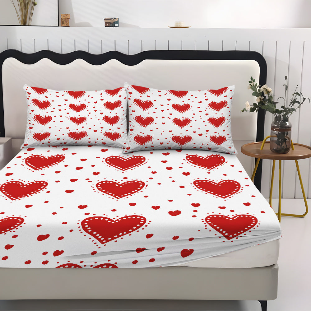 3pcs Valentine'S Day Bedding Set - Red Hearts on White Fitted Sheet & Pillowcases, Soft Mattress Protector with Deep Pocket (Fits Up to 11.42inch), Machine Washable All-Season Sheets for Couples, Hotels, Dorms - Coreless Design, Dorm Essentials, Romantic