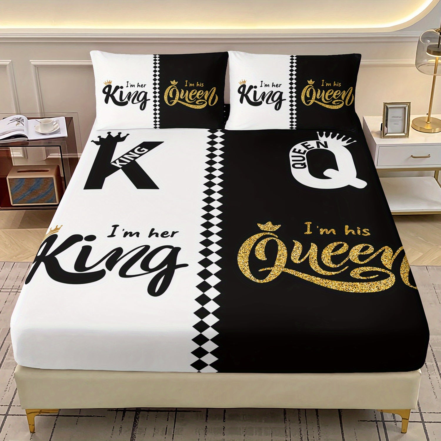 3pcs King Queen Fitted Sheets Black White Printed Bed Sheet Set for Bedroom Dormitory And Guest Decoration Couple Pattern Bedding Set1 Fitted Sheet + 2 Pillowcases Without Core