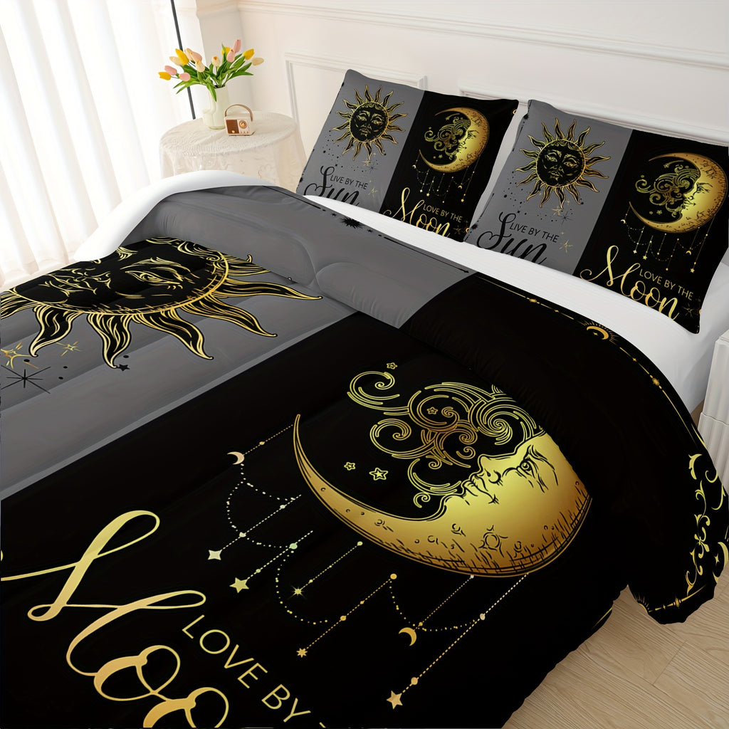3-pcs Couple Comforter Set, Sun And Moon Themed Printed Bedding, Creative Design Queen And King Comforter Set For Adults Elegant And Comfortable Down Comforter Set (1*Comforter + 2*Pillowcase, Without Core)