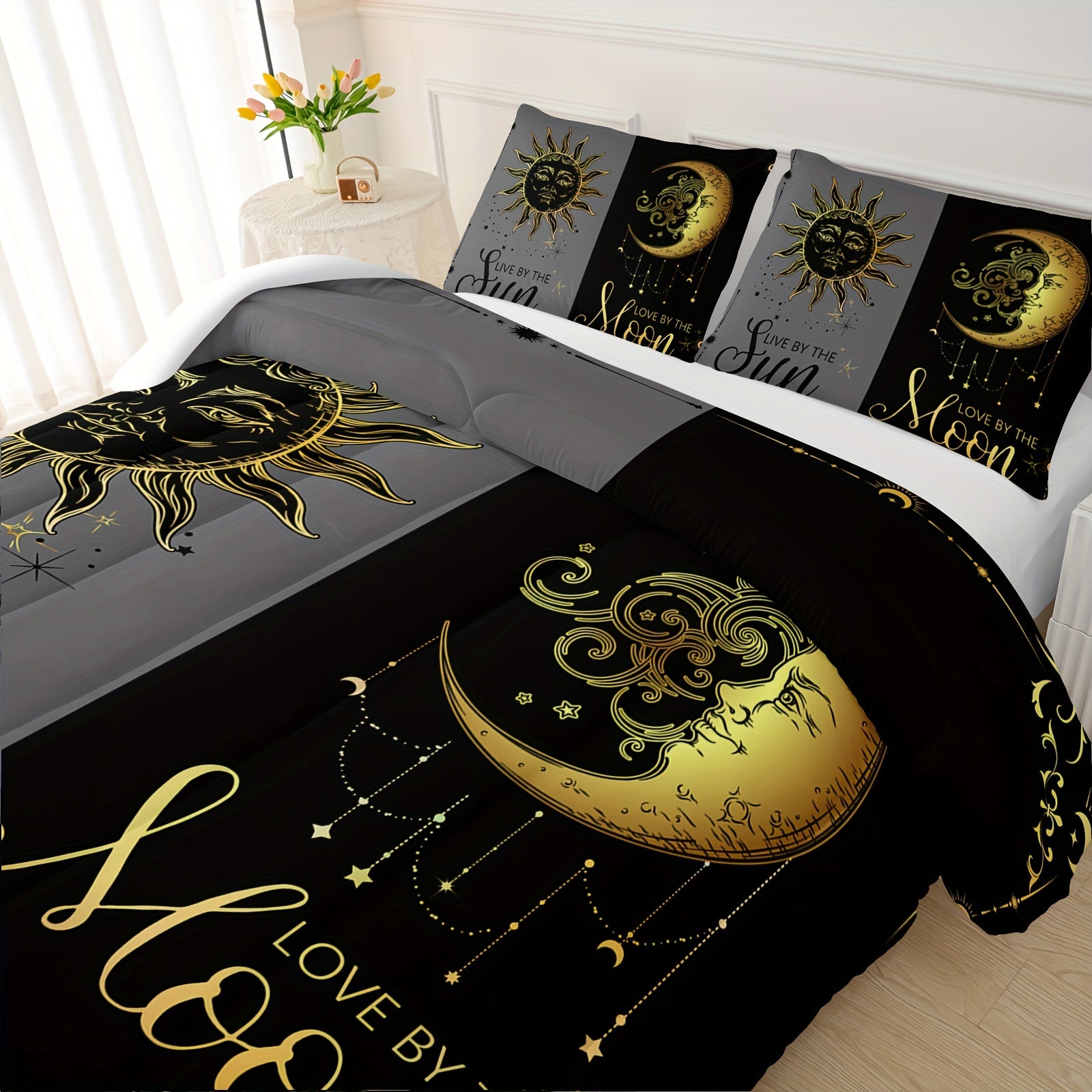 3-pcs Couple Comforter Set, Sun And Moon Themed Printed Bedding, Creative Design Queen And King Comforter Set For Adults Elegant And Comfortable Down Comforter Set (1*Comforter + 2*Pillowcase, Without Core)