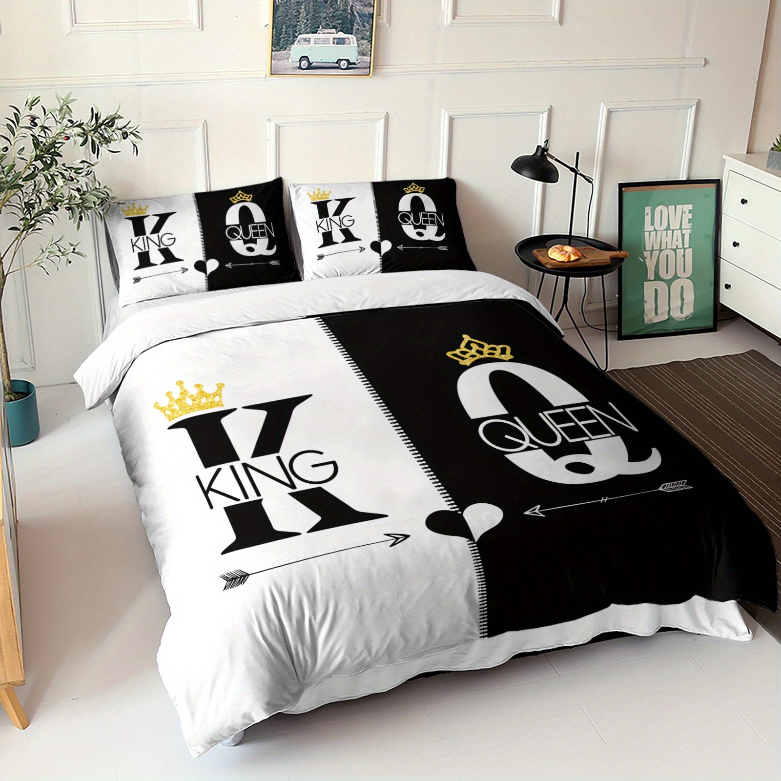 3pcs King Queen Duvet Cover Set Black White Couple Bedding Set Romantic Bedroom Decor Four Seasons (1Duvet Cover + 2Pillowcases NO Comforter)