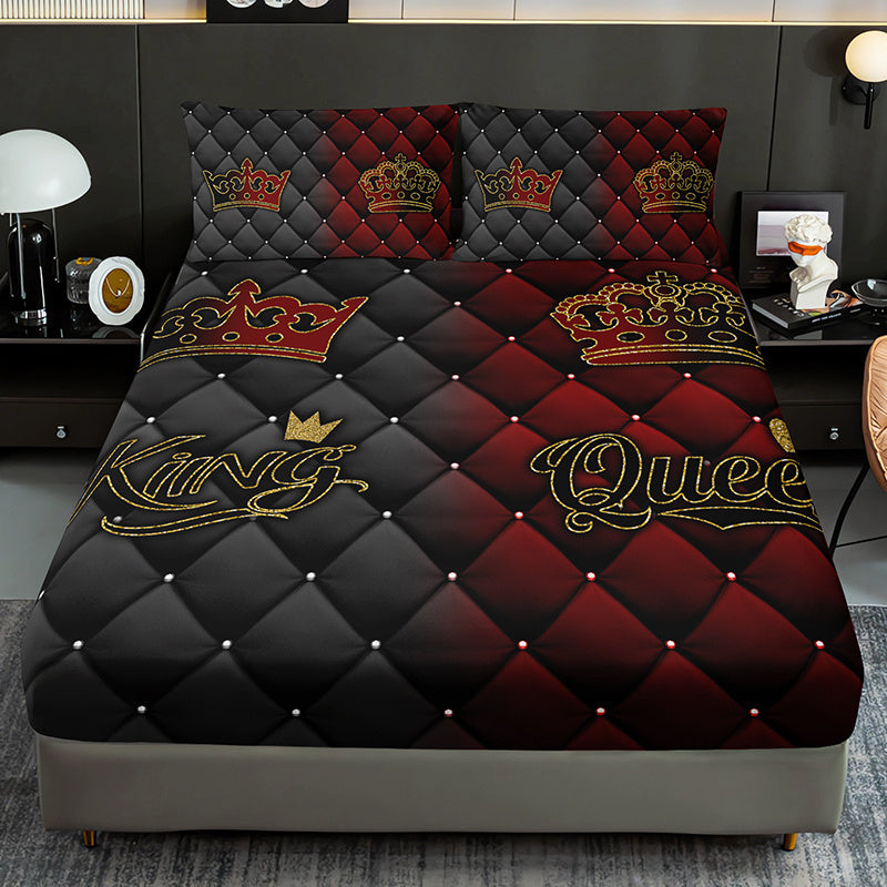 3pcs King Queen Crown Luxury Bedding Fitted Sheet Set Couple Bedding Sheet Set Set Romantic Bed Sheet Set Set King Queen Bedroom Decor Bed Sheet Set Set Four Seasons (1Fitted Sheet+ 2Pillowcase NO Comforter)