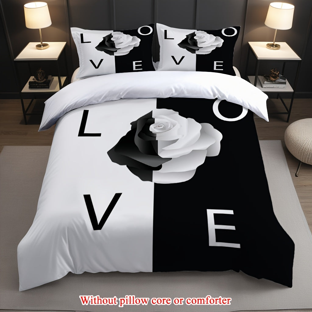 2/3pcs (1 Duvet Cover + 1/2 Pillowcase, Without Core) Black and White Background Rose Flowers Romantic Valentine's Day Lover Couple 3D Print Soft Comfortable Bedding Set for Bedroom Dorm Room Family Gift