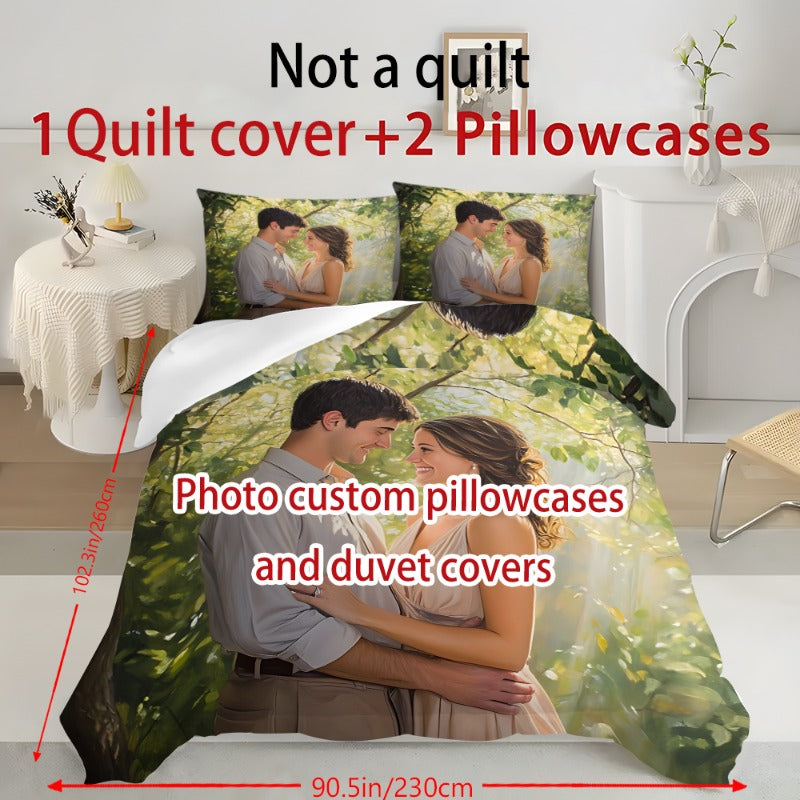Customize Your Personalized Photos 2/3pcs Set – Exclusive Couple Photo Quilt Cover & Pillowcase Set for All Seasons, Polyester Fabric with Zipper Closure and Single-Sided Printing, Machine Washable – Bedding Set (1x Quilt + 2x Pillows), No Inserts,