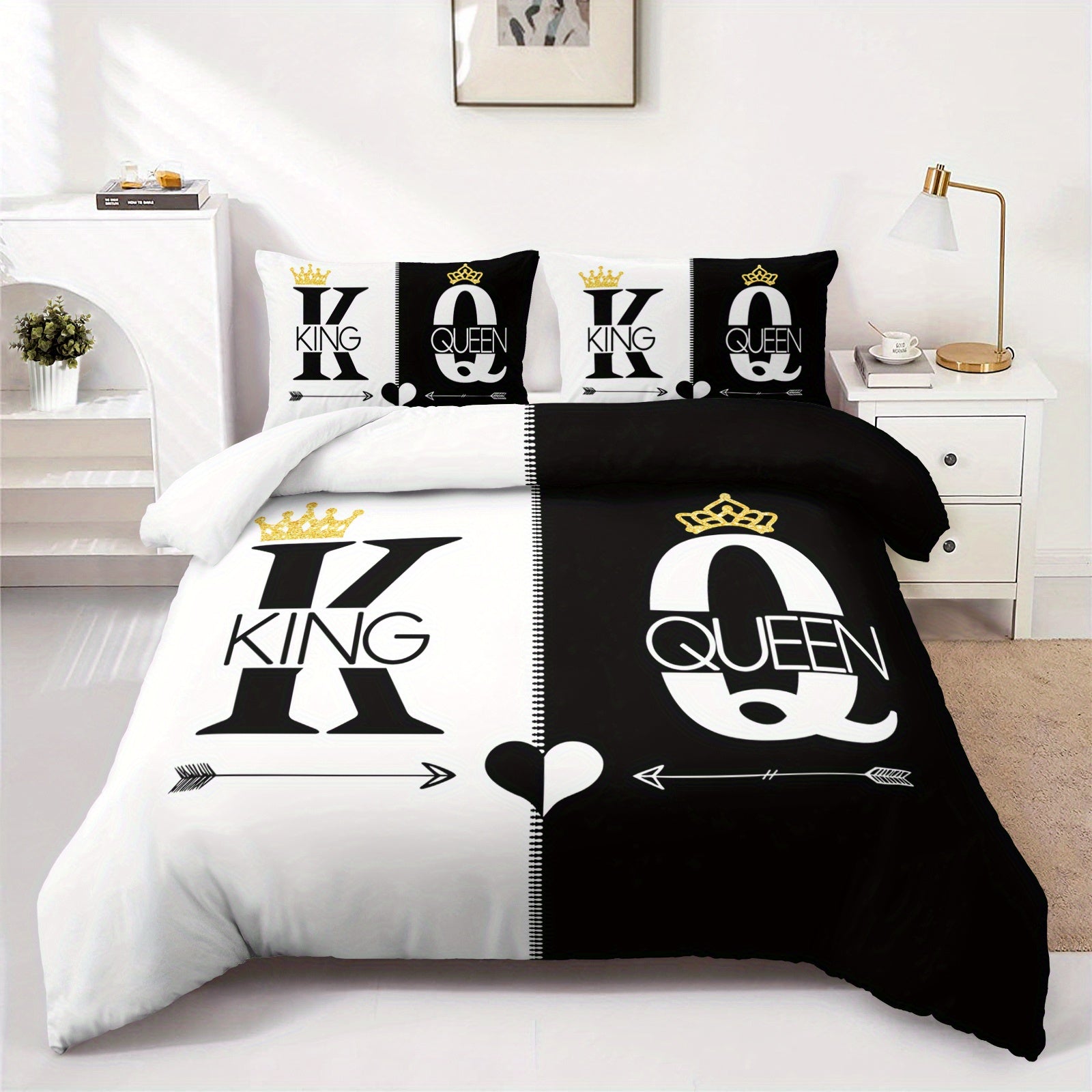 3pcs King Queen Duvet Cover Set Black White Couple Bedding Set Romantic Bedroom Decor Four Seasons (1Duvet Cover + 2Pillowcases NO Comforter)