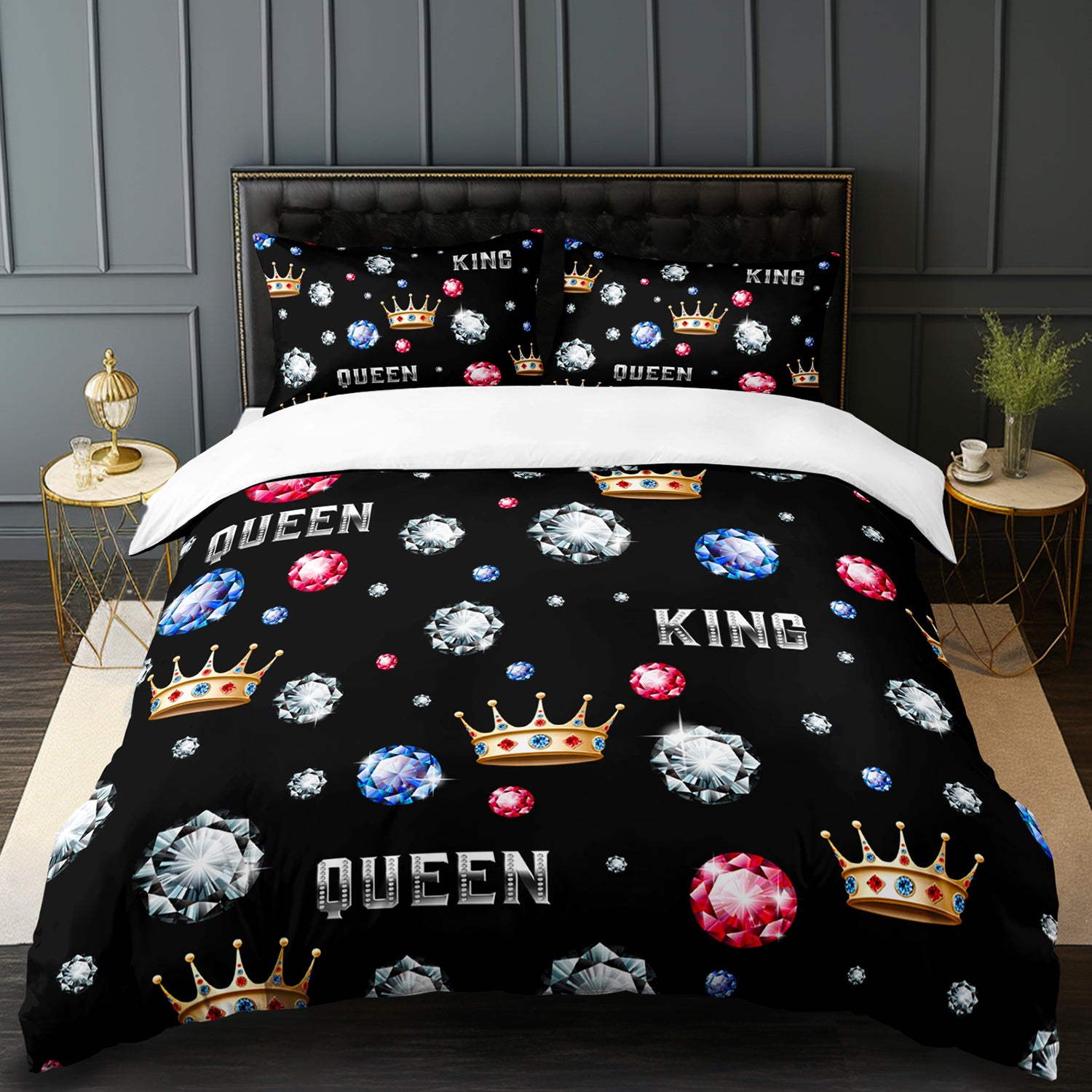 3pcs King Queen Crowns and Diamonds 3D Digital Printed Duvet Cover Set Romantic Couple Bedding Set for Four Season Queen Size Black Bedding for Bedroom or Guest Room Decor Polyester Comforter Cover Gift 1 Quilt Cover+2 Pillowcases