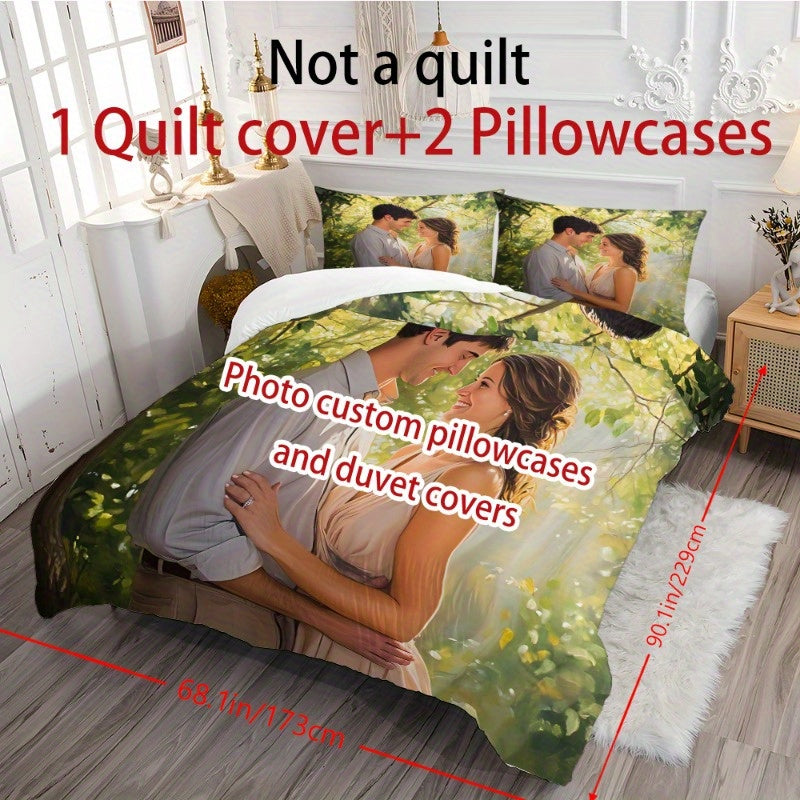 Customize Your Personalized Photos 2/3pcs Set – Exclusive Couple Photo Quilt Cover & Pillowcase Set for All Seasons, Polyester Fabric with Zipper Closure and Single-Sided Printing, Machine Washable – Bedding Set (1x Quilt + 2x Pillows), No Inserts,