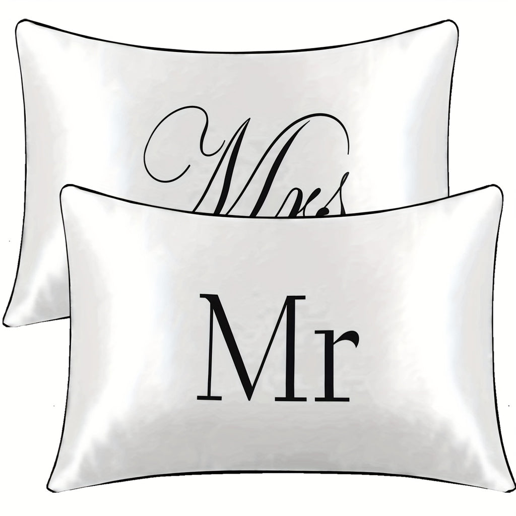 2pcs 100% Polyester Mr. And Mrs. Printed Bedroom Decorative Satin Pillowcases Available For All Seasons