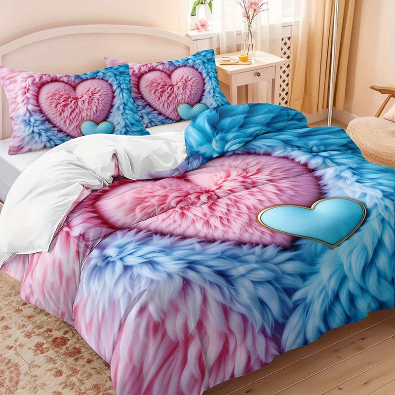 2/3pcs Pink Blue Feather Love Heart Duvet Cover Set (1 Duvet Cover + 1/2 Pillowcases Without Pillow Inserts), Four Seasons Home Dormitory High-definition Print Romantic Soft and Comfortable Couple Style