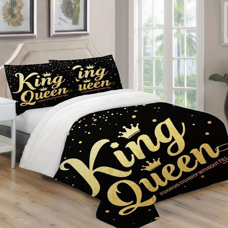 3pcs Luxury King Queen Crown Bedding Golden Letter Print Duvet Cover, Modern Romantic Black Theme Bedroom Decor, Soft Polyester Fabric for Master Guest Room 1 Duvet Cover+2 Pillowcases, Queen Size Bedding Set, King Size Christmas Bedding Sets, Queen Bed