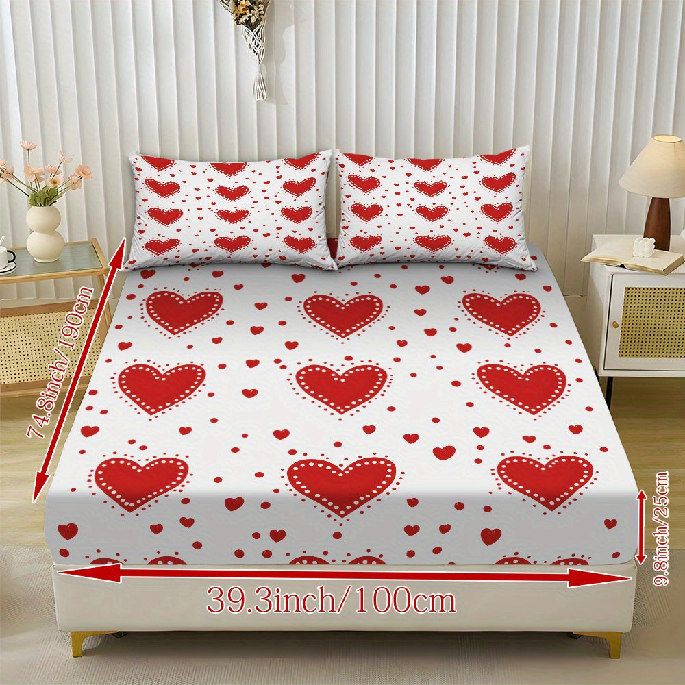 3pcs Valentine'S Day Bedding Set - Red Hearts on White Fitted Sheet & Pillowcases, Soft Mattress Protector with Deep Pocket (Fits Up to 11.42inch), Machine Washable All-Season Sheets for Couples, Hotels, Dorms - Coreless Design, Dorm Essentials, Romantic