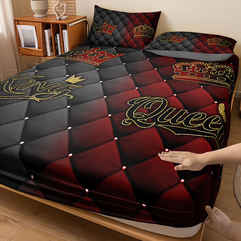 3pcs King Queen Crown Luxury Bedding Fitted Sheet Set Couple Bedding Sheet Set Set Romantic Bed Sheet Set Set King Queen Bedroom Decor Bed Sheet Set Set Four Seasons (1Fitted Sheet+ 2Pillowcase NO Comforter)