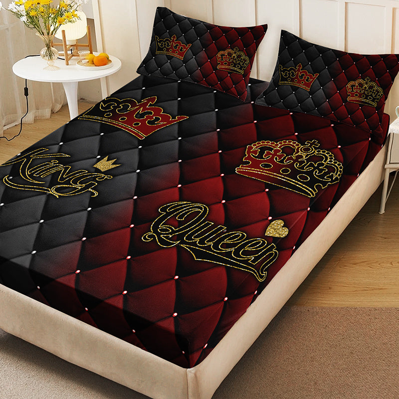 3pcs King Queen Crown Luxury Bedding Fitted Sheet Set Couple Bedding Sheet Set Set Romantic Bed Sheet Set Set King Queen Bedroom Decor Bed Sheet Set Set Four Seasons (1Fitted Sheet+ 2Pillowcase NO Comforter)