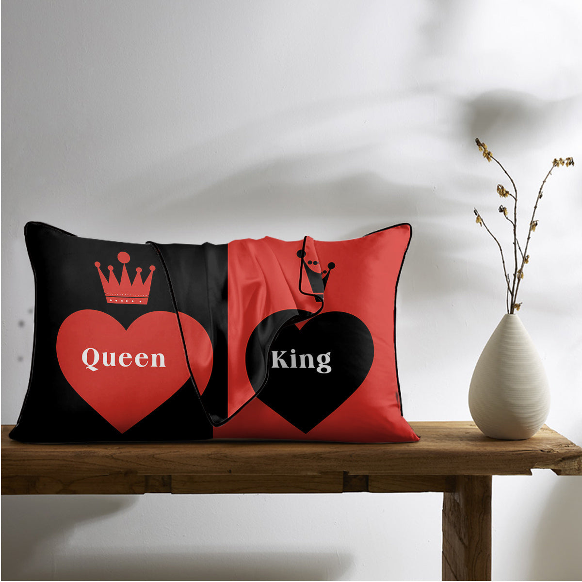 2pcs Royal Crown & Heart Print Satin Pillow Covers - "Queen" & "King" Design, 100% Polyester, Machine Washable, Perfect for Bedroom Decor, Bedroom Decor|Royal Theme Decor|Smooth Texture