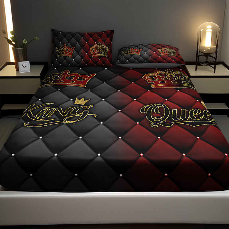 3pcs King Queen Crown Luxury Bedding Fitted Sheet Set Couple Bedding Sheet Set Set Romantic Bed Sheet Set Set King Queen Bedroom Decor Bed Sheet Set Set Four Seasons (1Fitted Sheet+ 2Pillowcase NO Comforter)