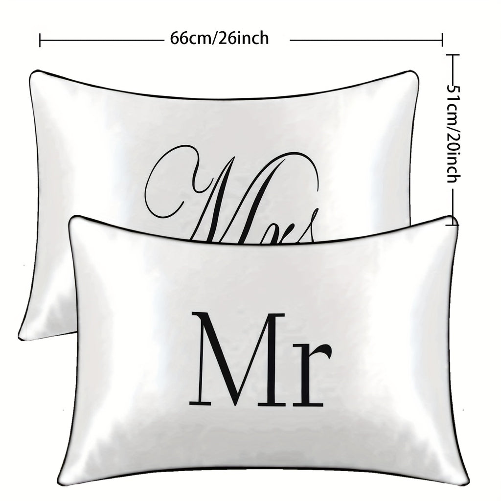 2pcs Mr & Mrs Print Satin Pillowcases - Elegant Script Design, 100% Polyester, Envelope Closure, All-Season Luxury Bedding for Couples, Machine Washable, Bedding Accessories, Sophisticated Design, Smooth Texture