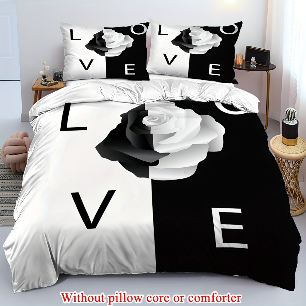2/3pcs (1 Duvet Cover + 1/2 Pillowcase, Without Core) Black and White Background Rose Flowers Romantic Valentine's Day Lover Couple 3D Print Soft Comfortable Bedding Set for Bedroom Dorm Room Family Gift