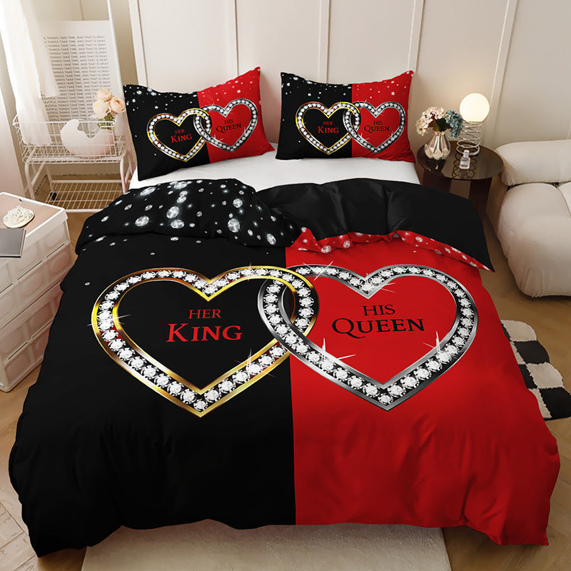 3pcs King Queen Hearts Luxury Bedding Duvet Cover Set Couple Bedding Quilt Set Romantic Themed Bed Quilt Set Anniversary Bedroom Decor Bed Quilt Set Four Seasons (1Duvet Cover + 2Pillowcase NO Comforter)