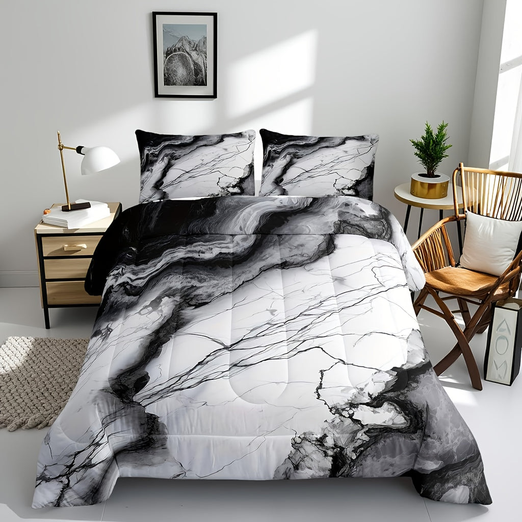 3pcs Marble Print Comforter Set Full/Queen/King Size Marbling Abstract Stone Texture Bedding Set Artwork Chinese Style Comforter Black White Grey for Women Men Adults Living Room Bedroom Decor with 1 Comforter And 2 Pillowcases Ink Wash Painting, Home